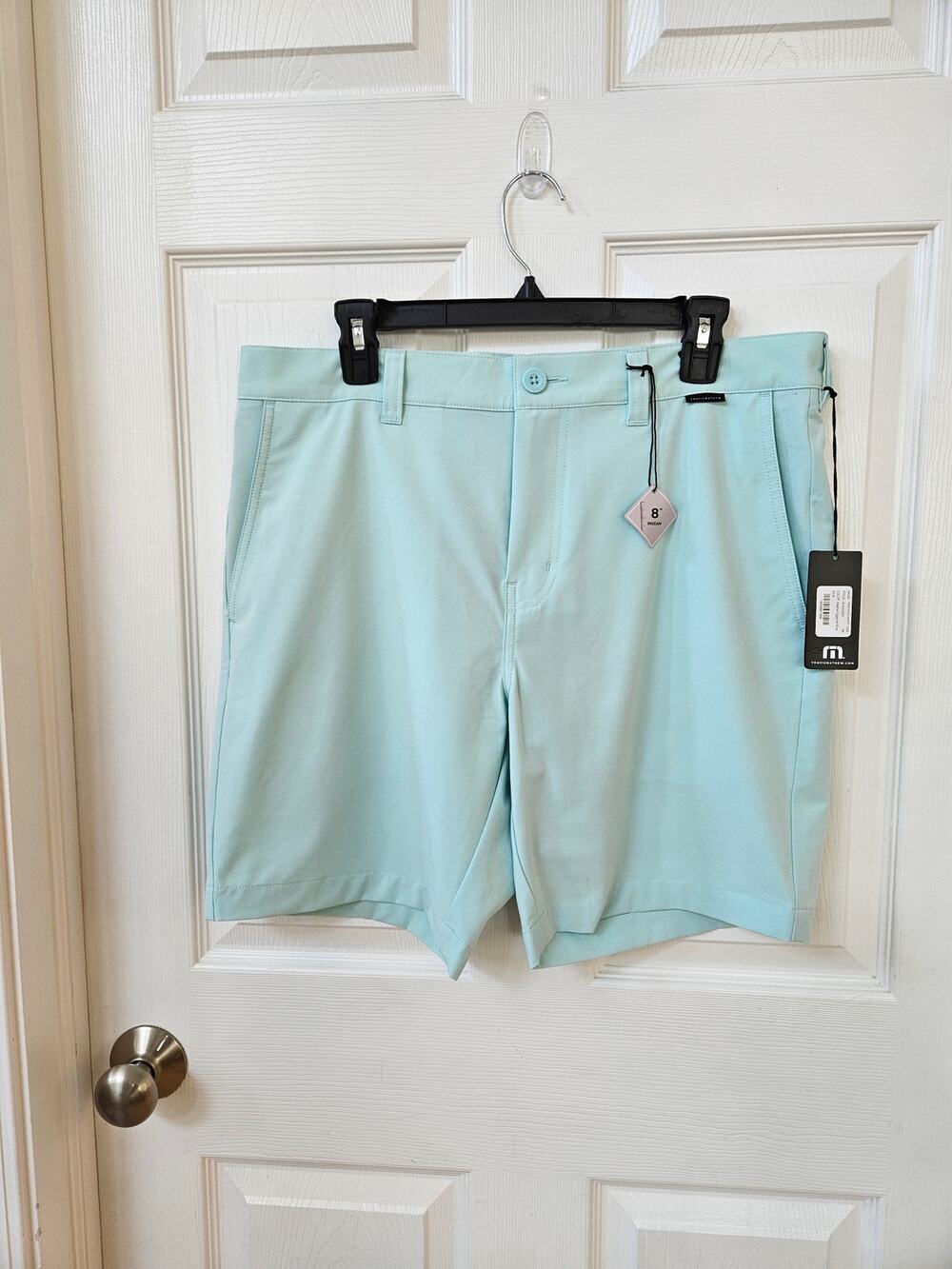 NWT TravisMathew Tech Chino Shorts Mens 34 Heather Eggshell Blue 8" Golf Stretch